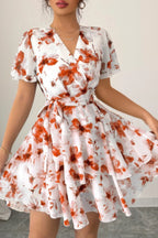 Floral V Neck Ruffle Sleeve Tie Belt Dress | Mixtshop LLC