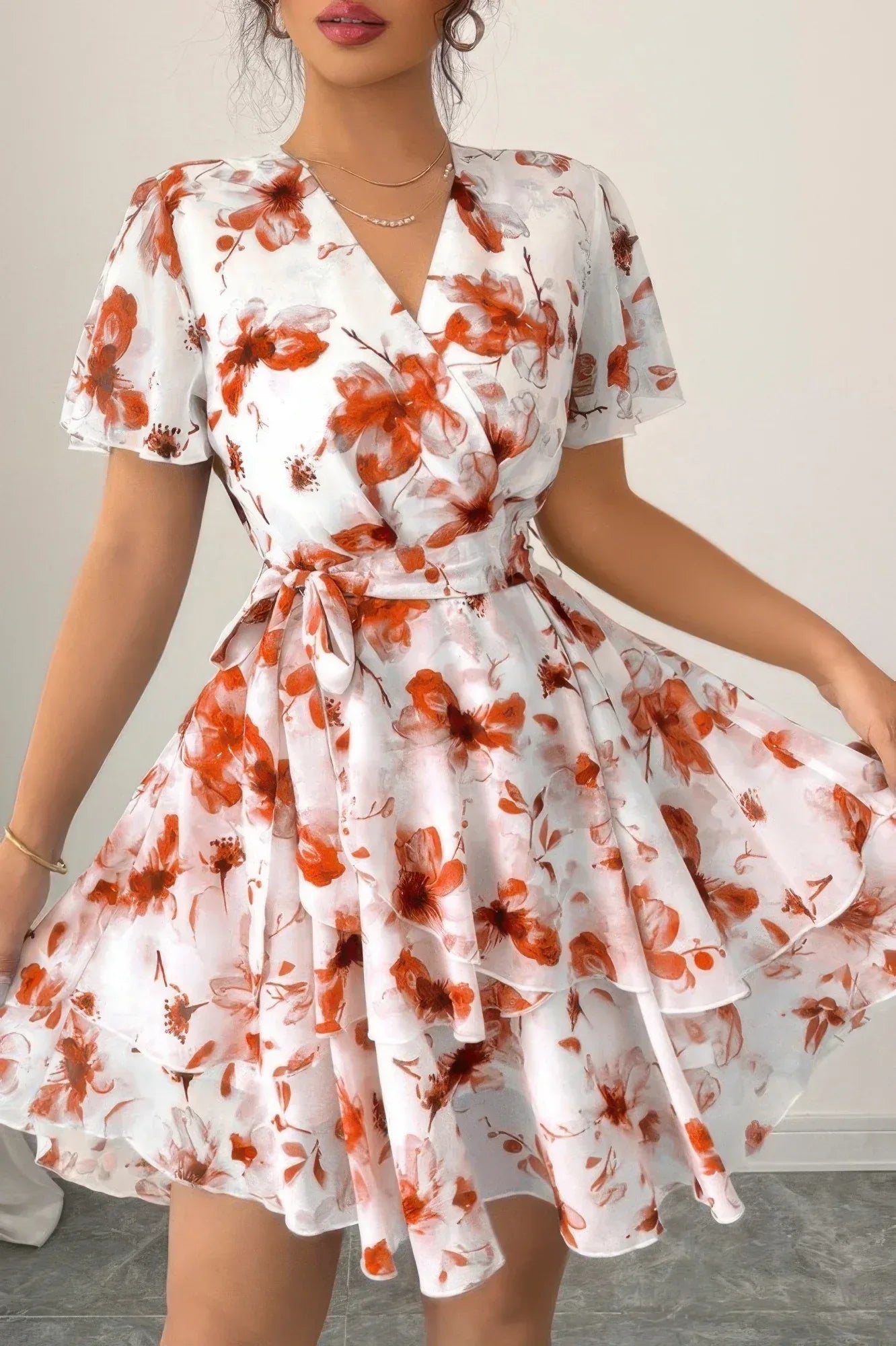 Floral V Neck Ruffle Sleeve Tie Belt Dress | Mixtshop LLC