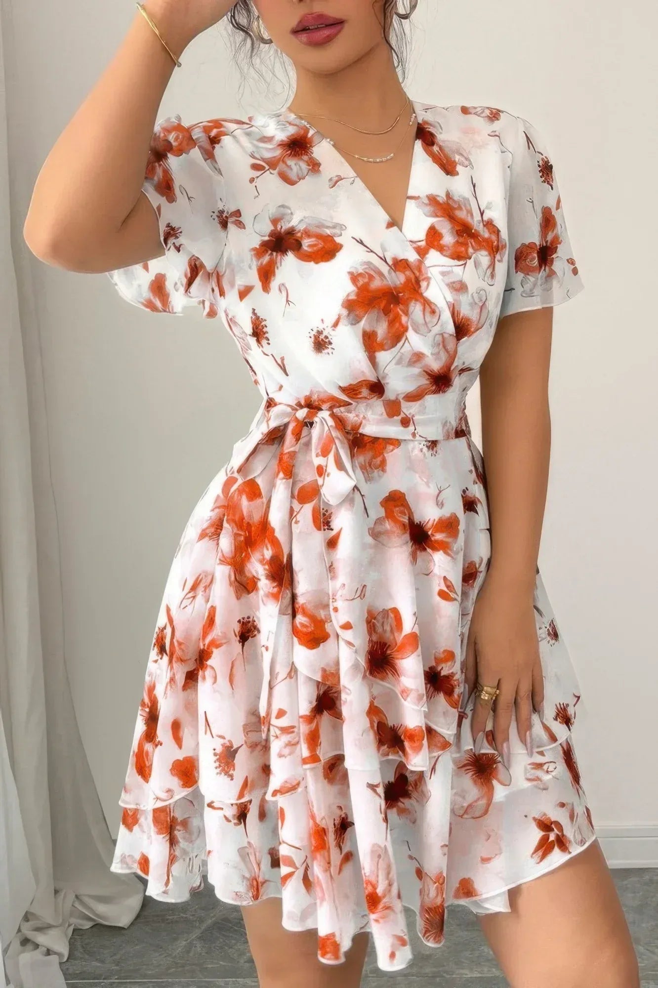 Floral V Neck Ruffle Sleeve Tie Belt Dress | Mixtshop LLC