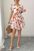 Floral V Neck Ruffle Sleeve Tie Belt Dress | Mixtshop LLC