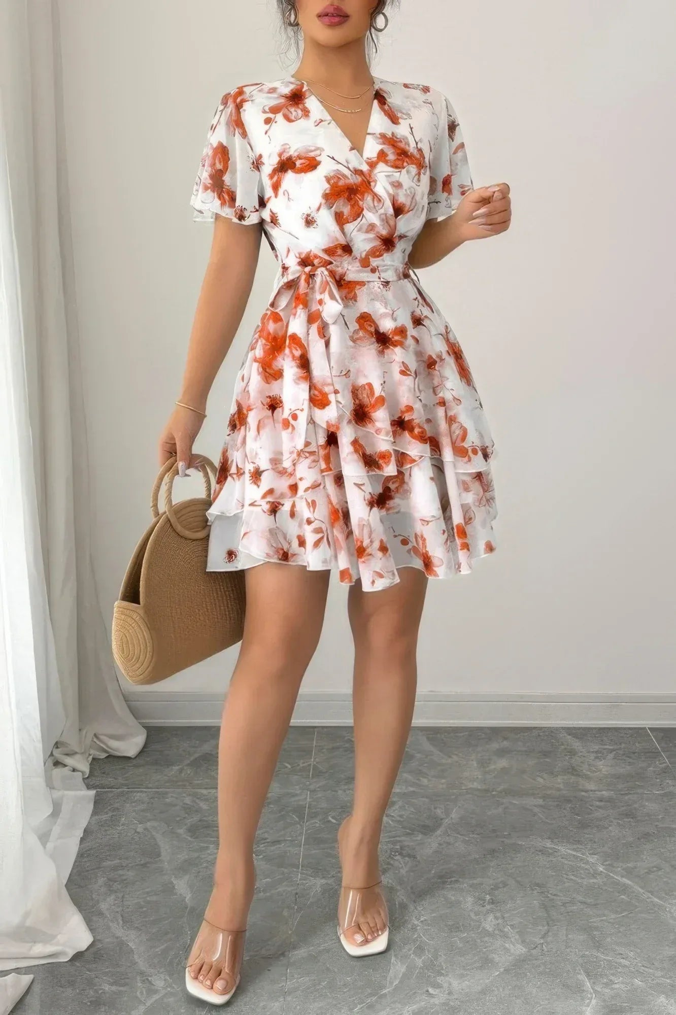 Floral V Neck Ruffle Sleeve Tie Belt Dress | Mixtshop LLC