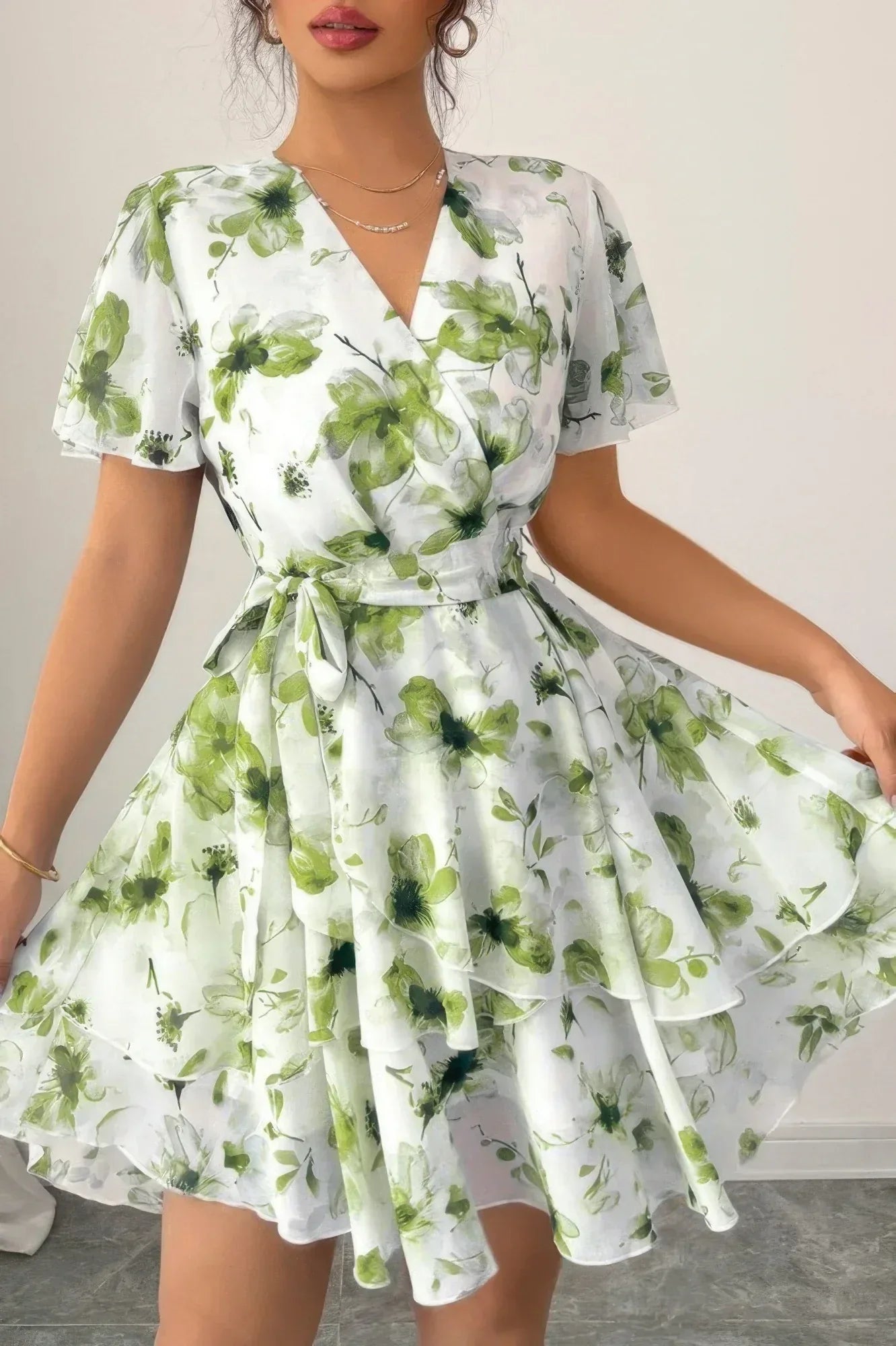 Floral V Neck Ruffle Sleeve Tie Belt Dress | Mixtshop LLC