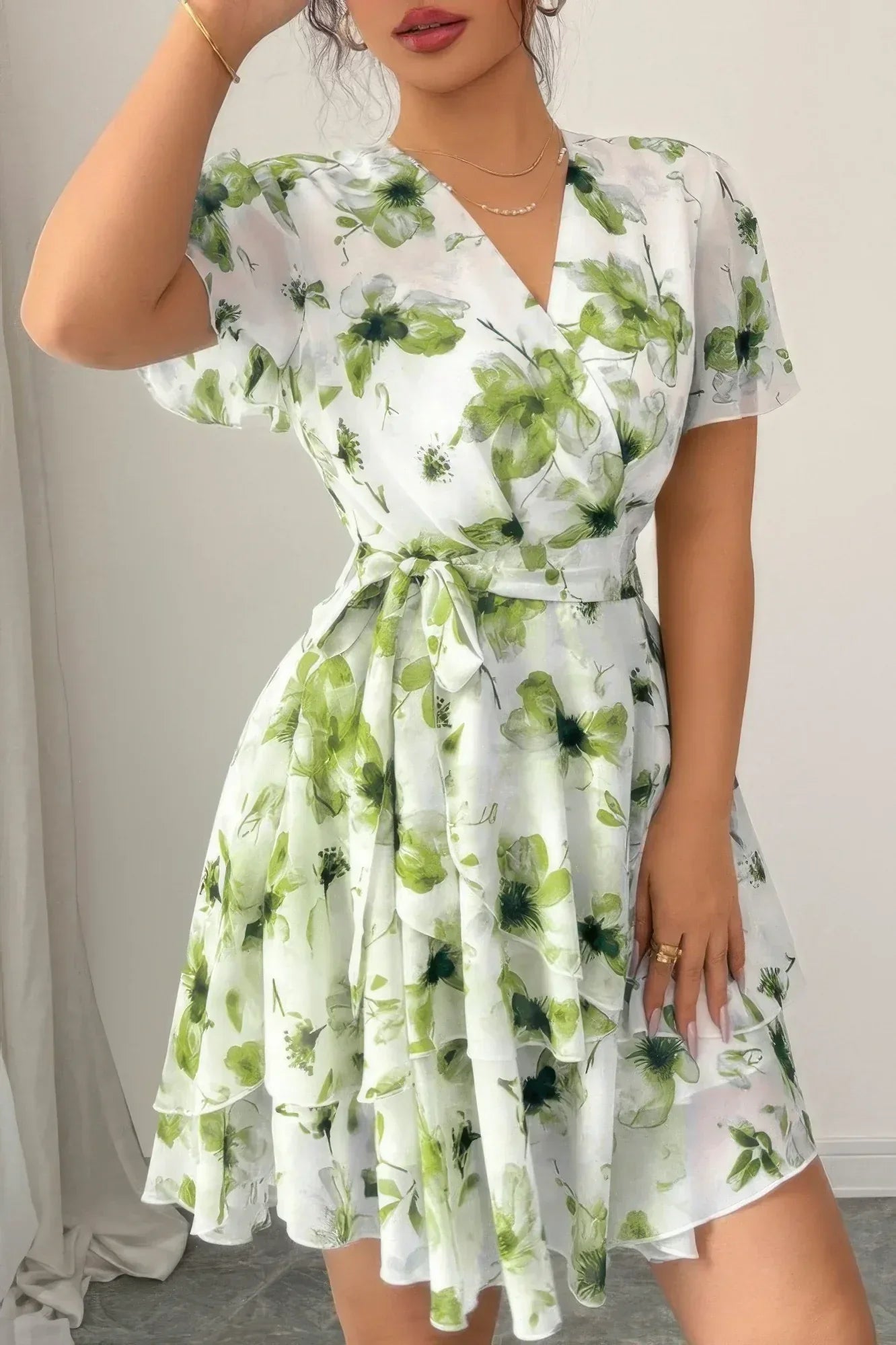 Floral V Neck Ruffle Sleeve Tie Belt Dress | Mixtshop LLC
