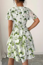 Floral V Neck Ruffle Sleeve Tie Belt Dress | Mixtshop LLC