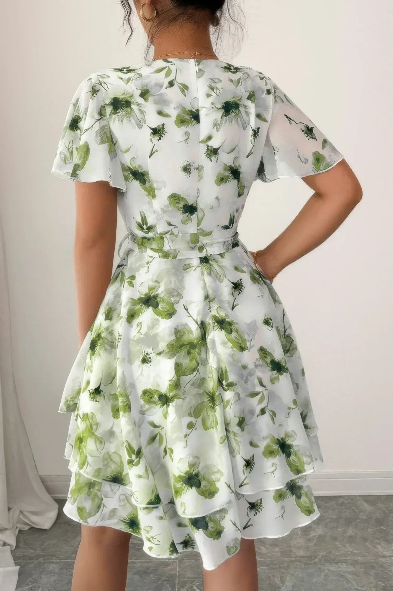 Floral V Neck Ruffle Sleeve Tie Belt Dress | Mixtshop LLC