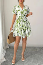 Floral V Neck Ruffle Sleeve Tie Belt Dress | Mixtshop LLC