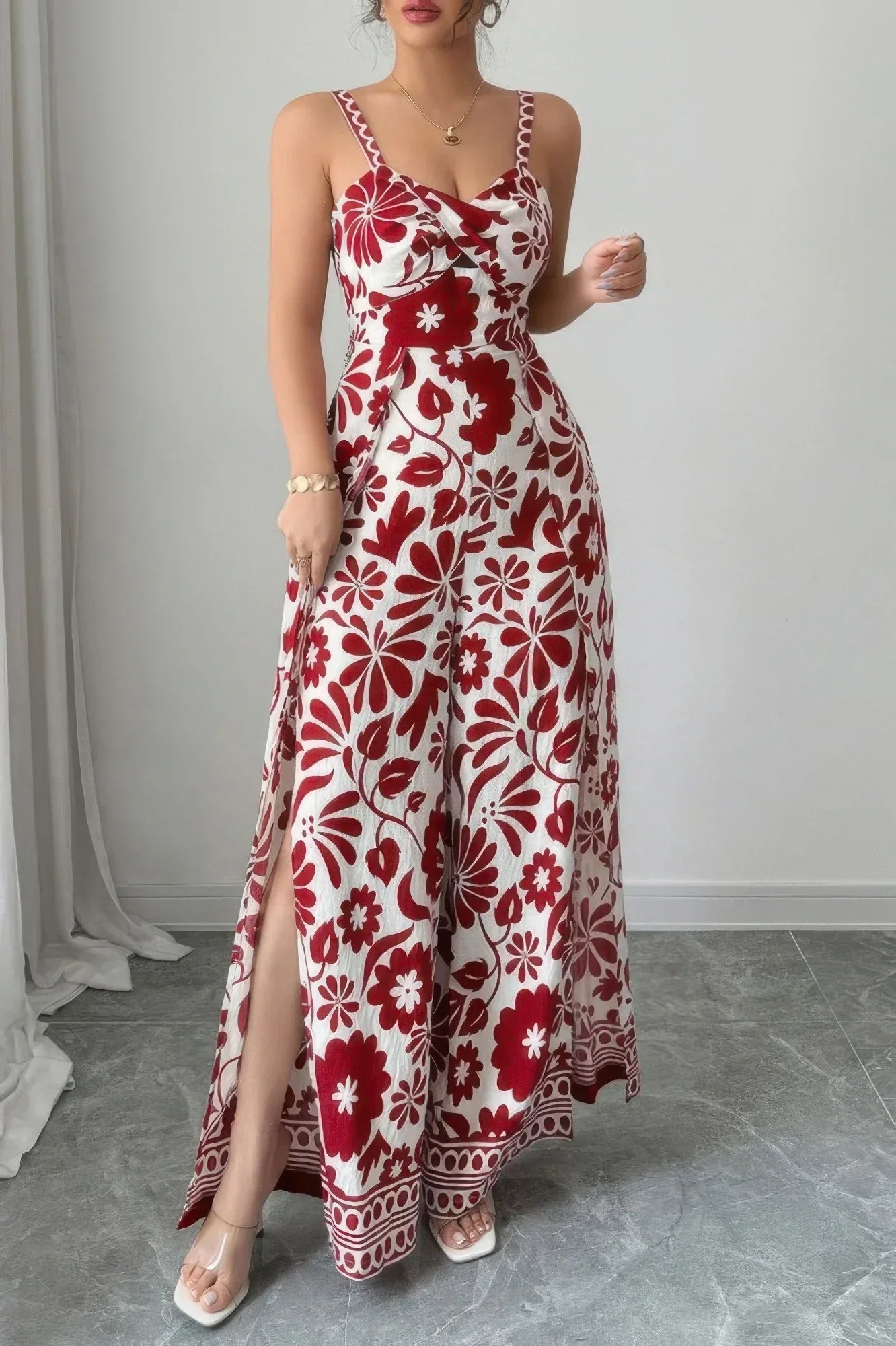 Floral Print High Waist Split Wide Leg Fit Jumpsuit | Mixtshop LLC Main image