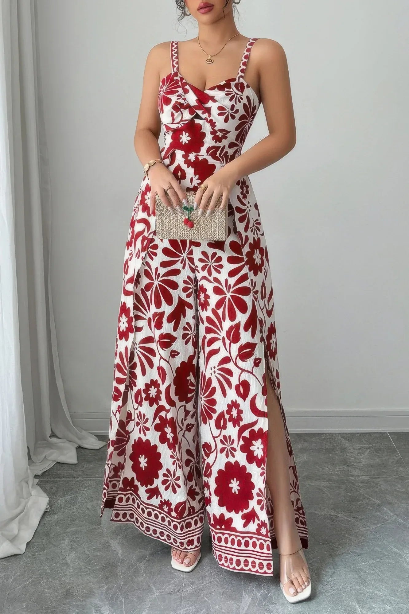 Floral Print High Waist Split Wide Leg Fit Jumpsuit | Mixtshop LLC