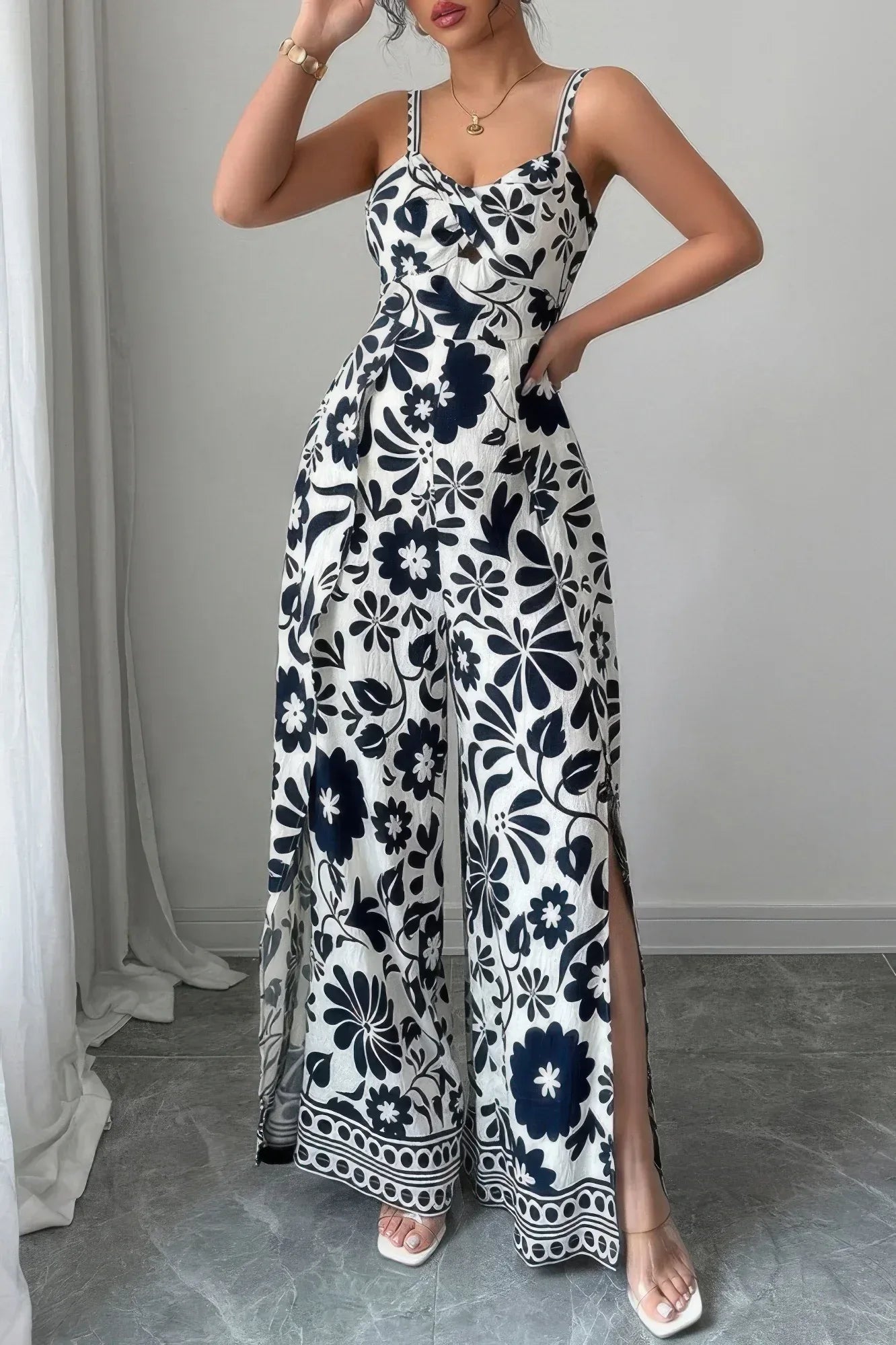 Floral Print High Waist Split Wide Leg Fit Jumpsuit | Mixtshop LLC