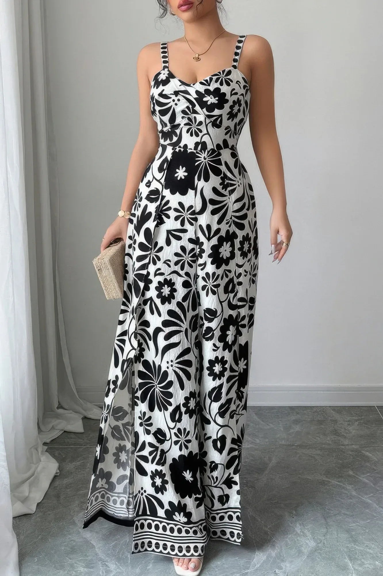 Floral Print High Waist Split Wide Leg Fit Jumpsuit | Mixtshop LLC