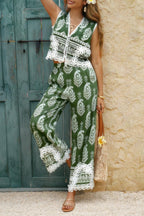 Boho Print Two Piece Sleeveless Button Lace Trim Set | Mixtshop LLC