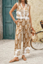 Boho Print Two Piece Sleeveless Button Lace Trim Set | Mixtshop LLC