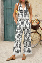 Boho Print Two Piece Sleeveless Button Lace Trim Set | Mixtshop LLC