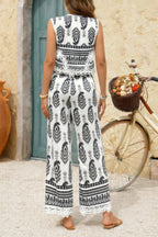 Boho Print Two Piece Sleeveless Button Lace Trim Set | Mixtshop LLC