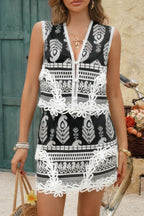 Two Piece Boho Print Sleeveless Button Lace Trim Set | Mixtshop LLC