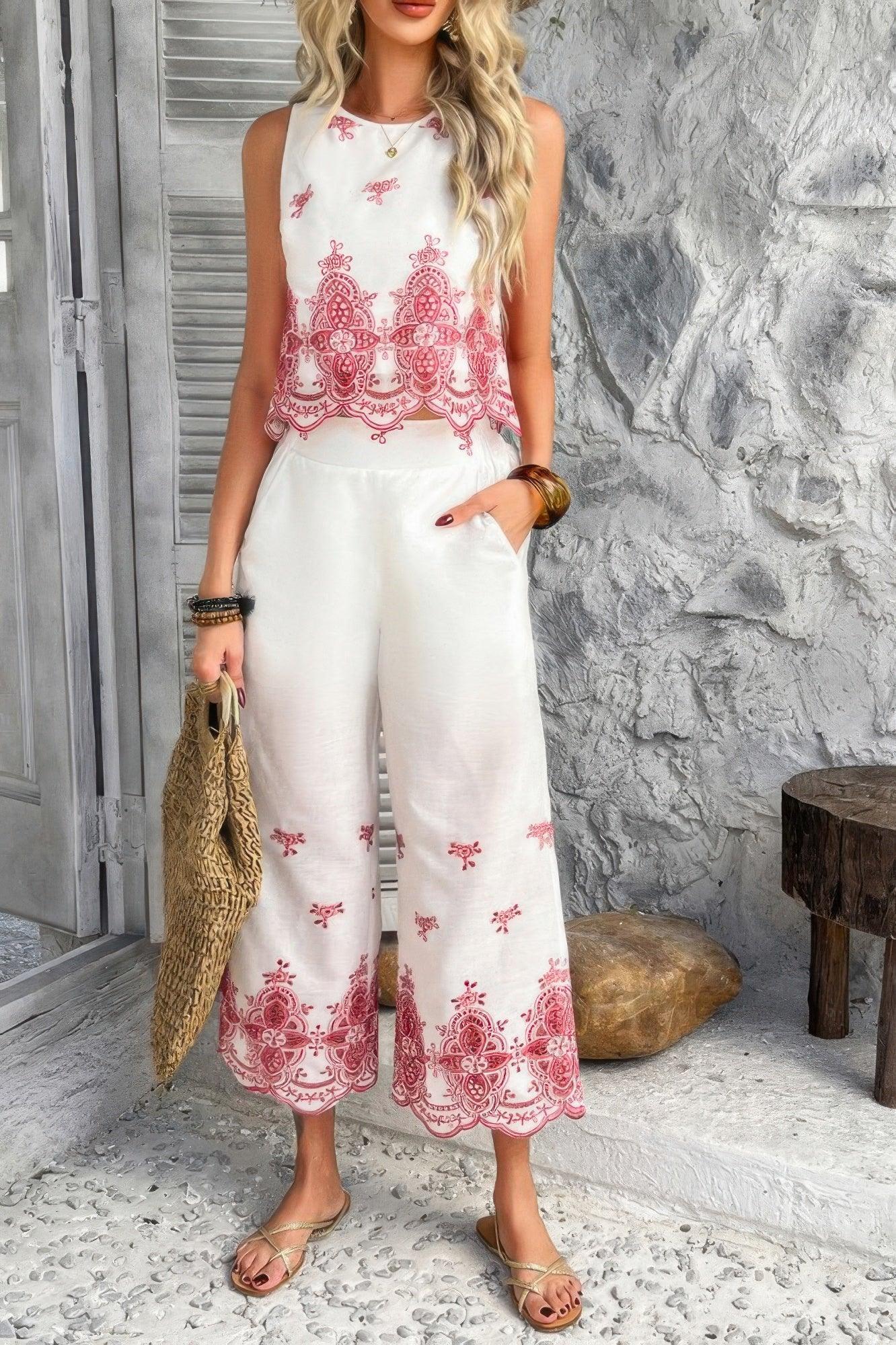 Twp Pieces Tile Inspired Embroidery Sleeveless Set | Mixtshop LLC