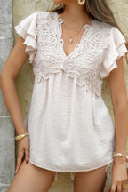 V Neck Lace Cutwork Flock Dot Ruffle Shirt | Mixtshop LLC