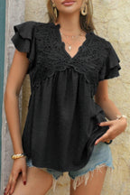 V Neck Lace Cutwork Flock Dot Ruffle Shirt | Mixtshop LLC
