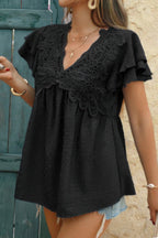 V Neck Lace Cutwork Flock Dot Ruffle Shirt | Mixtshop LLC