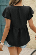 V Neck Lace Cutwork Flock Dot Ruffle Shirt | Mixtshop LLC