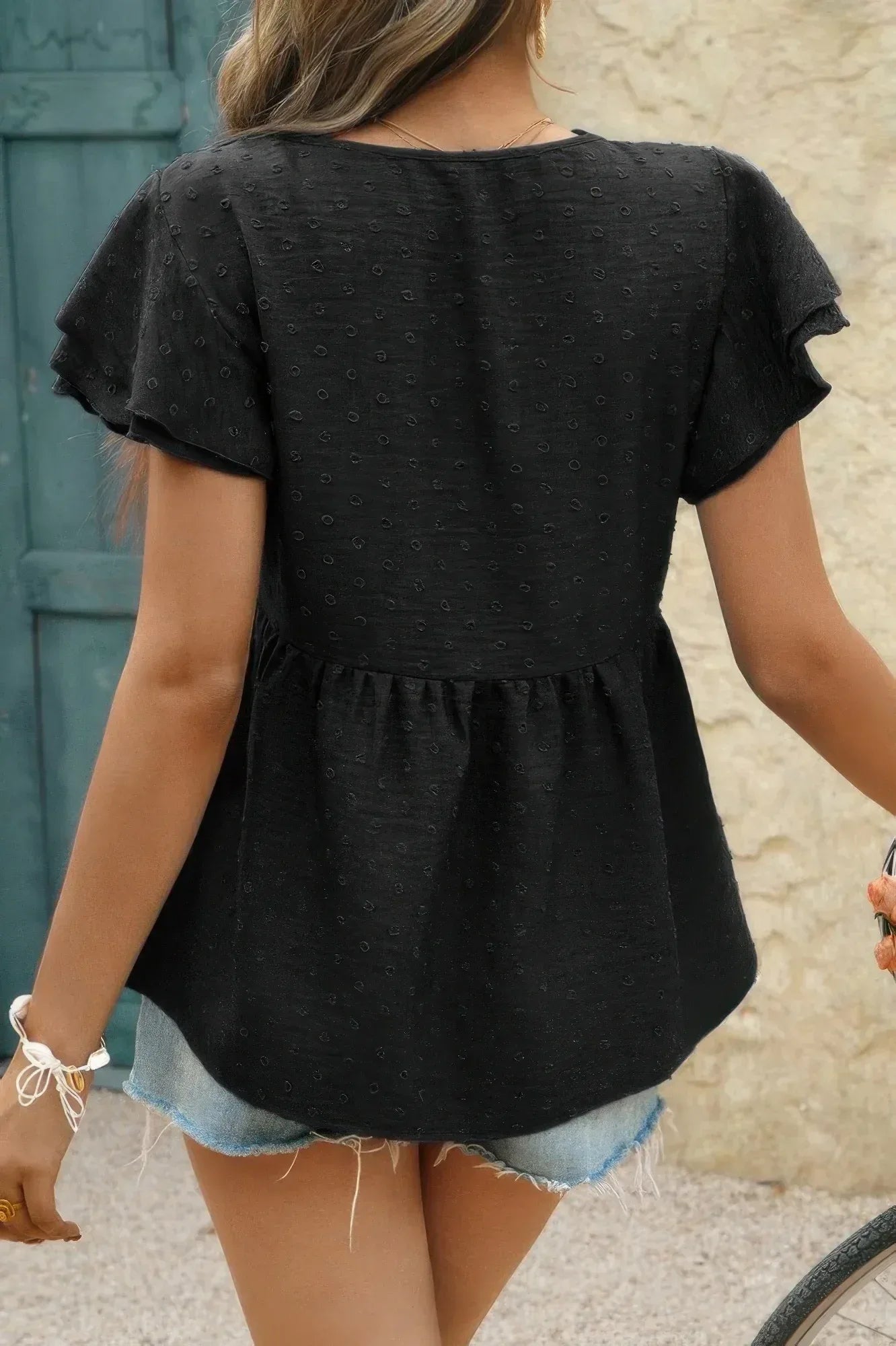 V Neck Lace Cutwork Flock Dot Ruffle Shirt | Mixtshop LLC