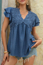 V Neck Lace Cutwork Flock Dot Ruffle Shirt | Mixtshop LLC
