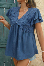 V Neck Lace Cutwork Flock Dot Ruffle Shirt | Mixtshop LLC
