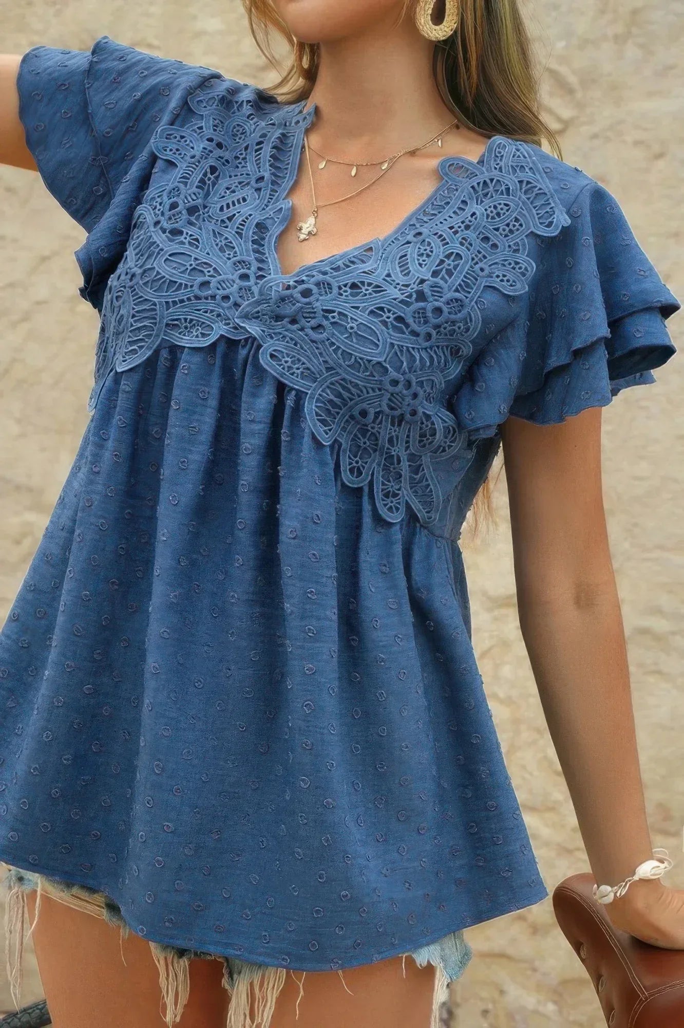 V Neck Lace Cutwork Flock Dot Ruffle Shirt | Mixtshop LLC