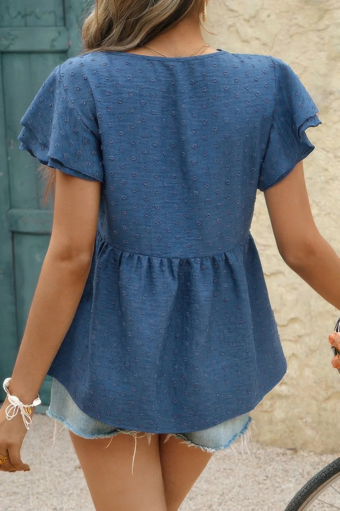V Neck Lace Cutwork Flock Dot Ruffle Shirt | Mixtshop LLC