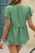 V Neck Lace Cutwork Flock Dot Ruffle Shirt | Mixtshop LLC