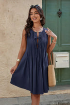 Round Neck Knot Cut Out Pleated Loose Fit Dress | Mixtshop LLC