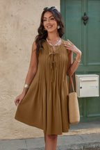 Round Neck Knot Cut Out Pleated Loose Fit Dress | Mixtshop LLC
