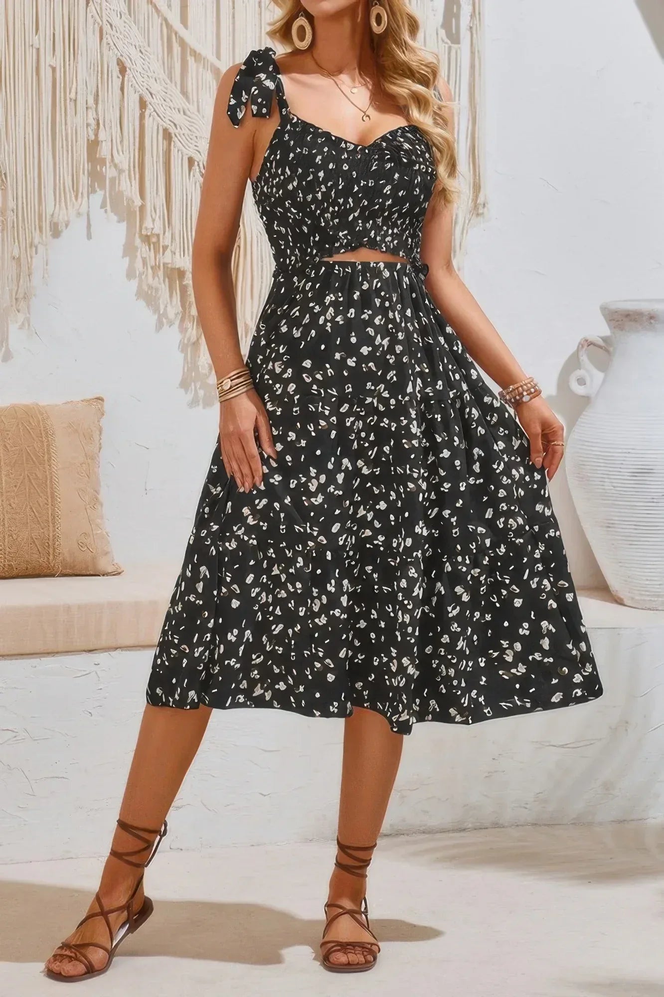 Square Neck Leopard Cut Out Elastic Waist Dress | Mixtshop LLC Main image