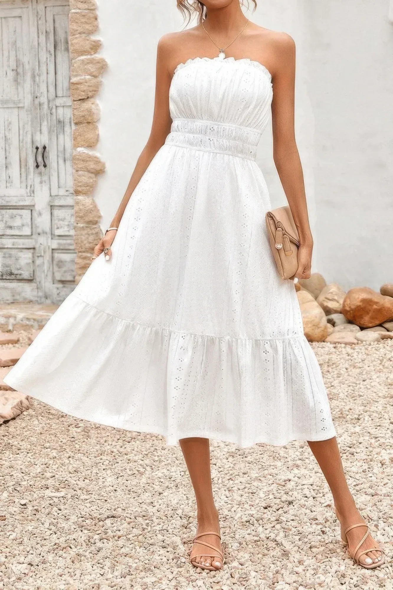 Solid Off Shoulder Elasit Waist Ruffle Dress | Mixtshop LLC Main image