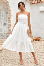 Solid Off Shoulder Elasit Waist Ruffle Dress | Mixtshop LLC