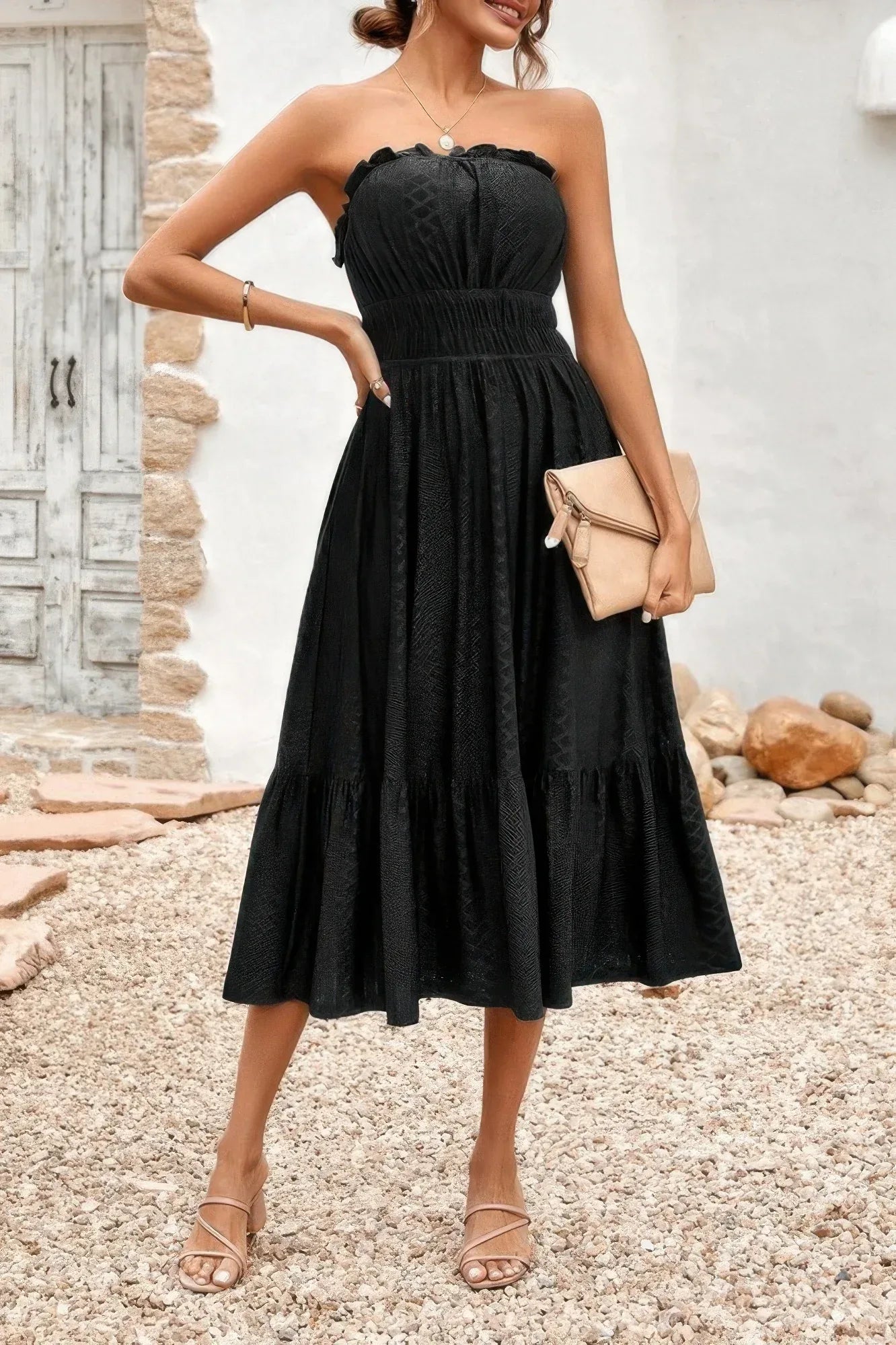 Solid Off Shoulder Elasit Waist Ruffle Dress | Mixtshop LLC
