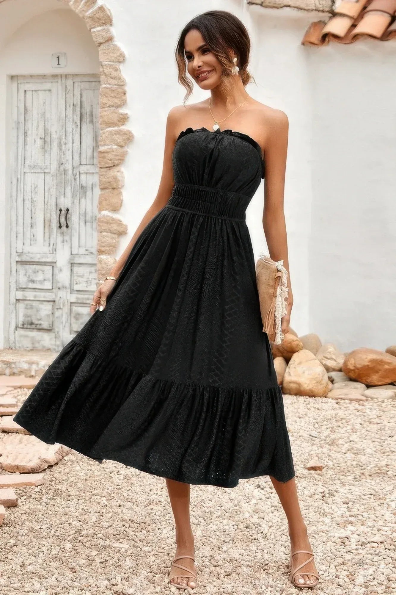 Solid Off Shoulder Elasit Waist Ruffle Dress | Mixtshop LLC