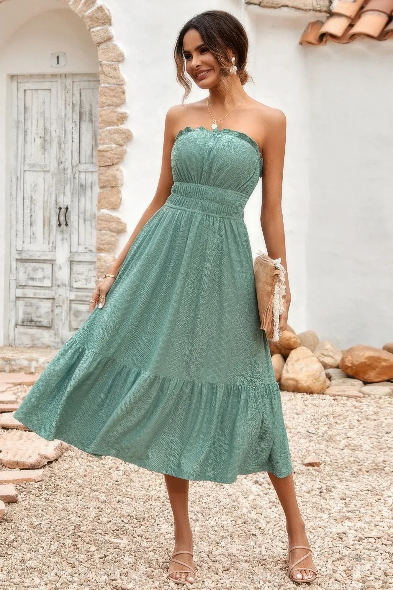 Solid Off Shoulder Elasit Waist Ruffle Dress | Mixtshop LLC