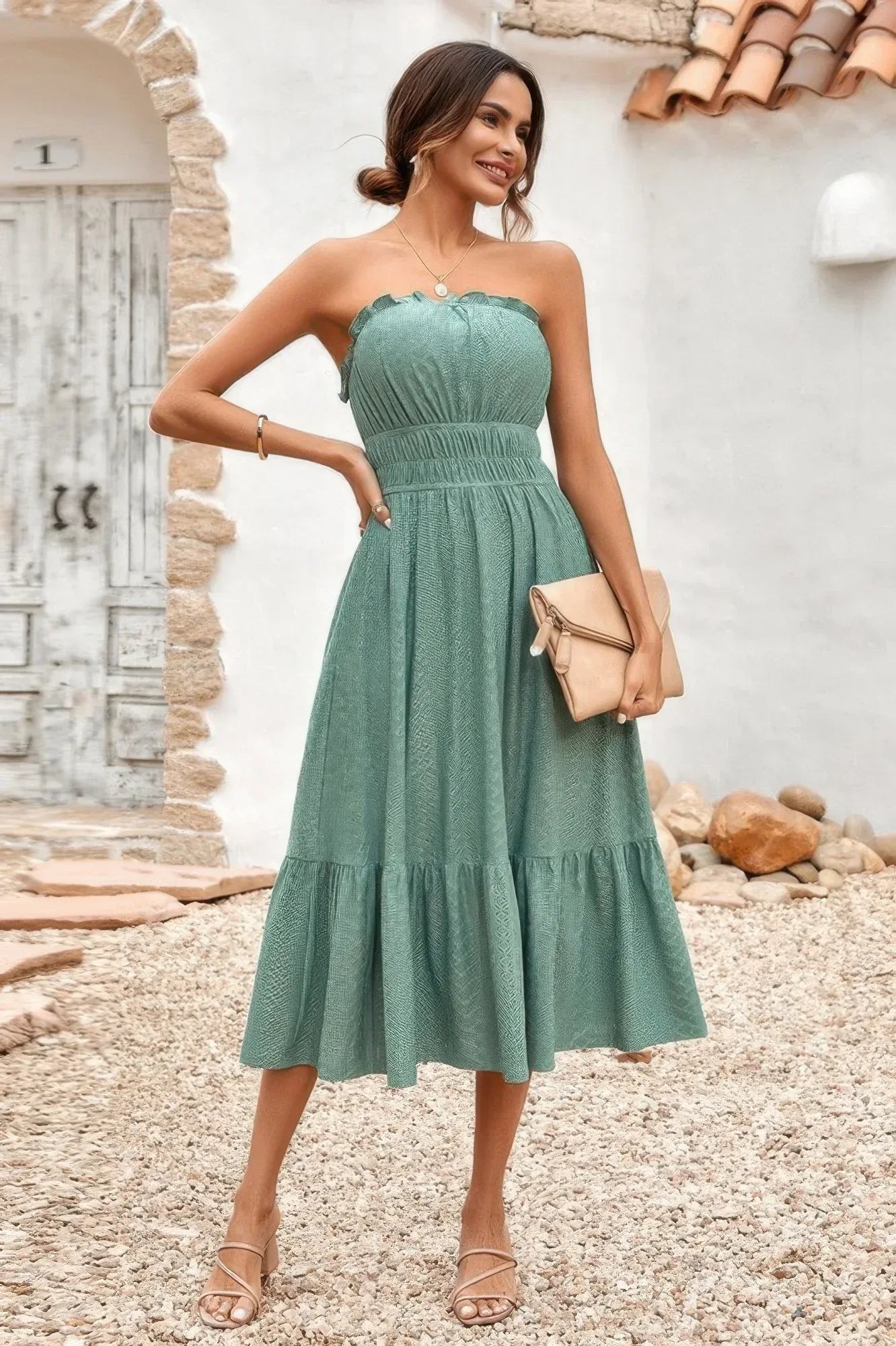 Solid Off Shoulder Elasit Waist Ruffle Dress | Mixtshop LLC
