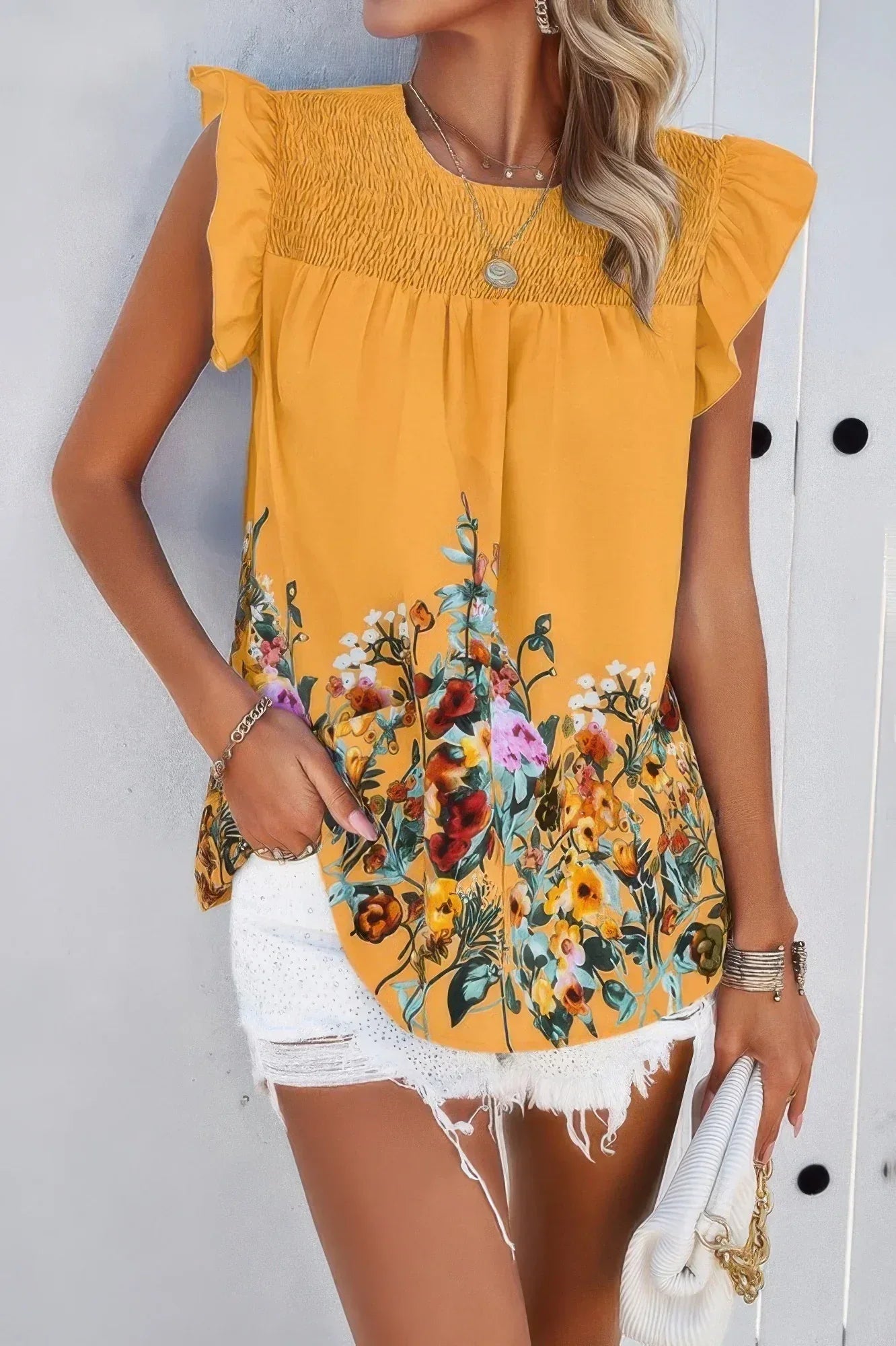 Floral Print Round Neck Ruched Loose Fit Top | Mixtshop LLC