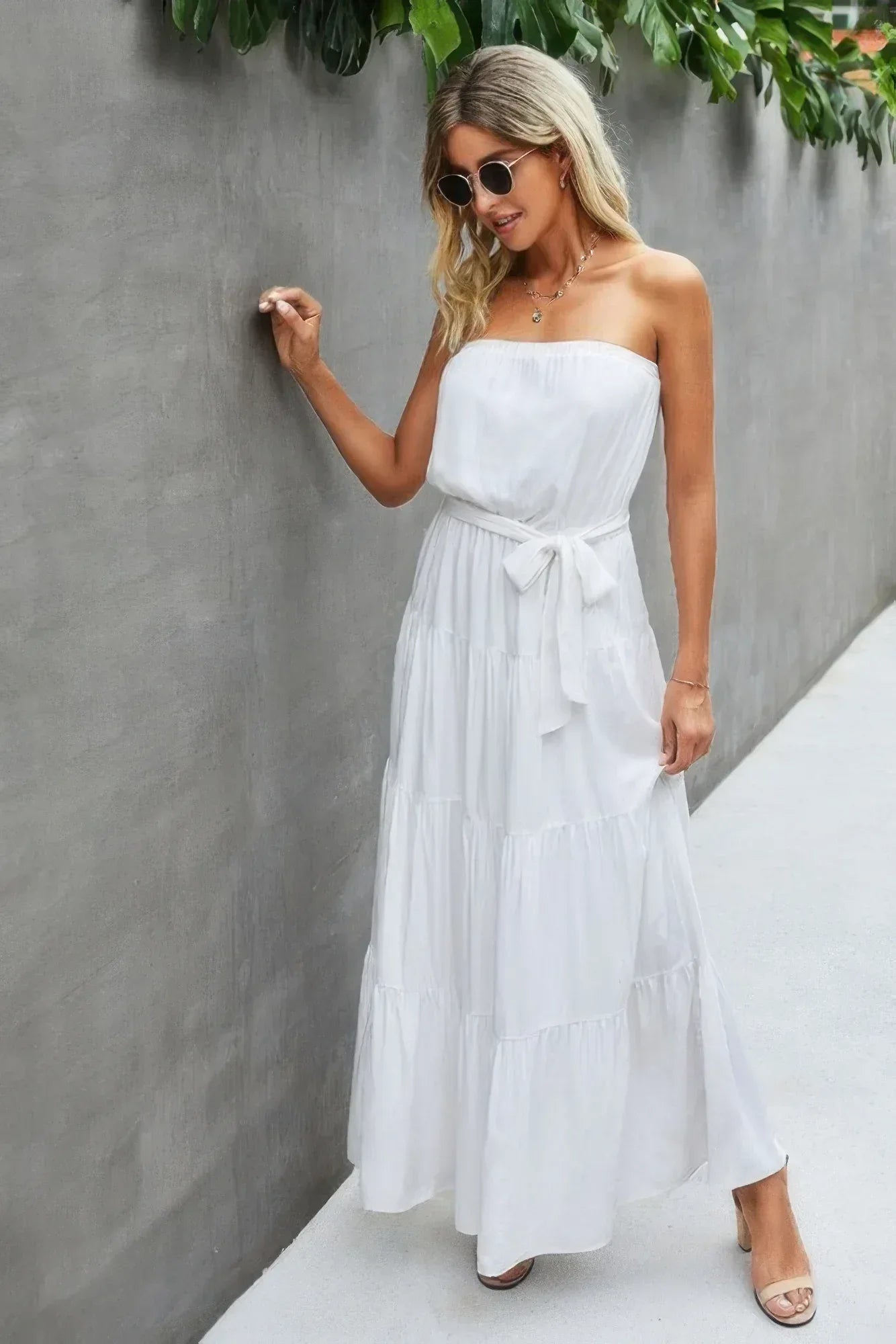 Off Shoulder Waist Tie Ruffle Dress | Mixtshop LLC Main image