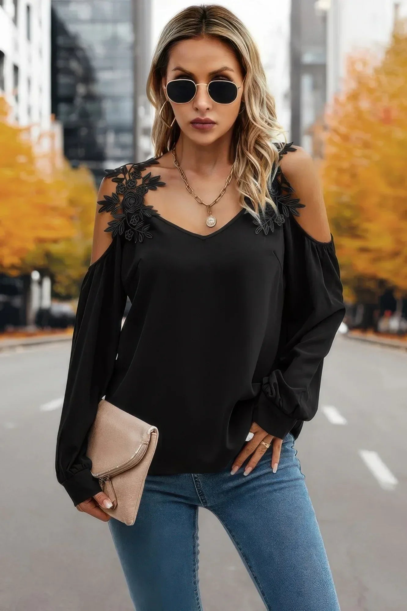 Contrast Low Back Lace Cold Shoulder Top | Mixtshop LLC Main image