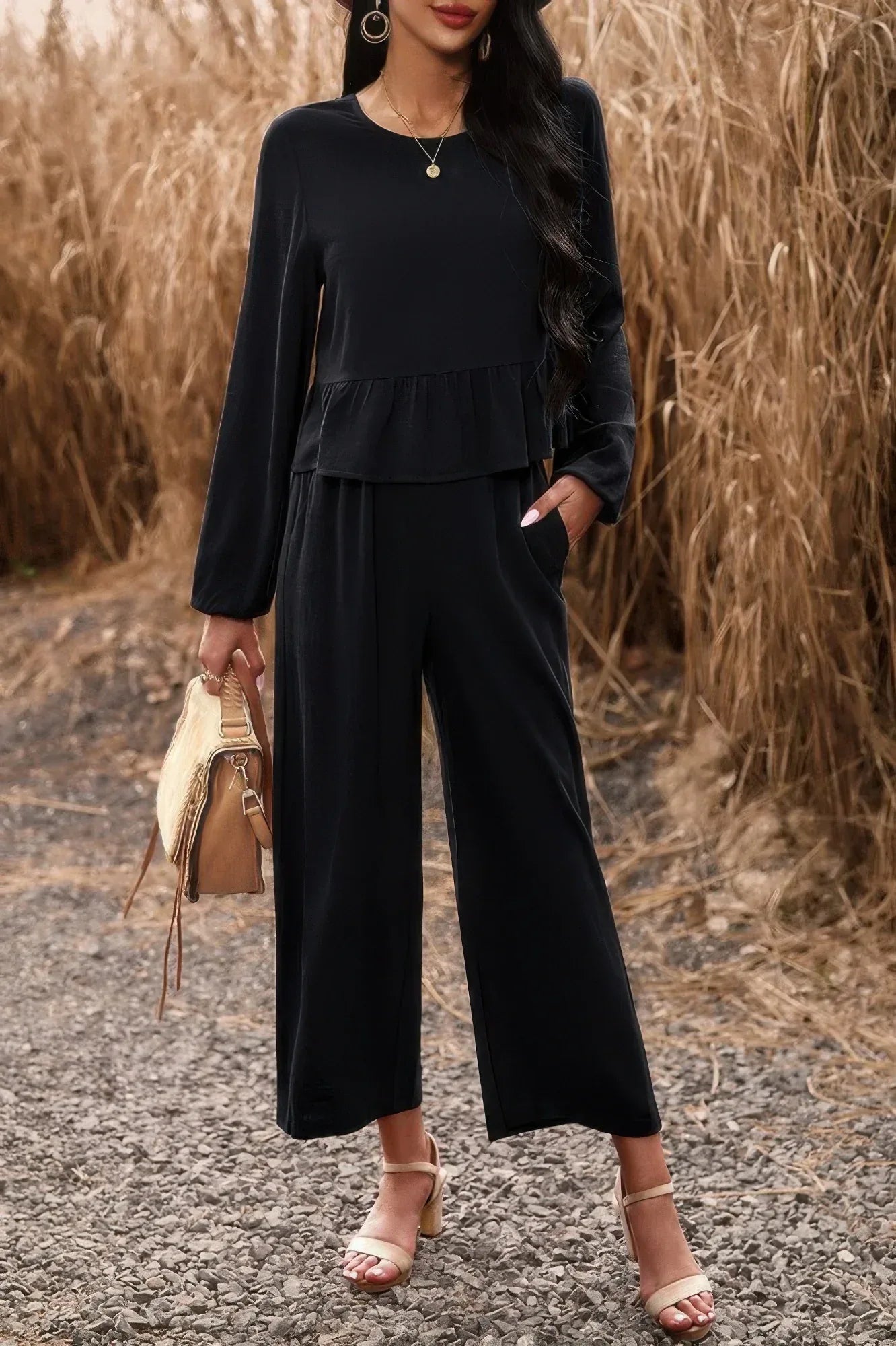 Two Pieces Button Back Ruffle Plain Pocket Sets | Mixtshop LLC