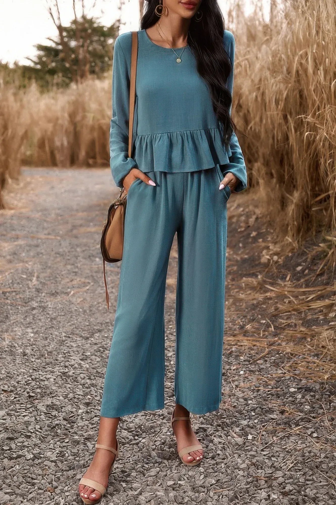 Two Pieces Button Back Ruffle Plain Pocket Sets | Mixtshop LLC