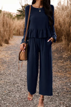 Two Pieces Button Back Ruffle Plain Pocket Sets | Mixtshop LLC
