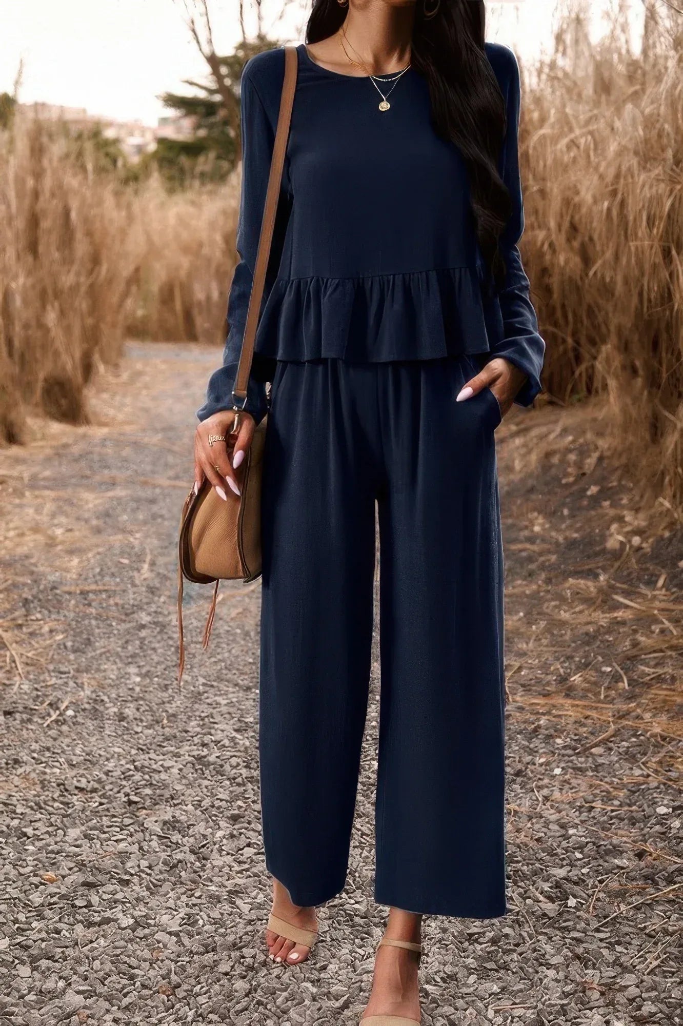 Two Pieces Button Back Ruffle Plain Pocket Sets | Mixtshop LLC