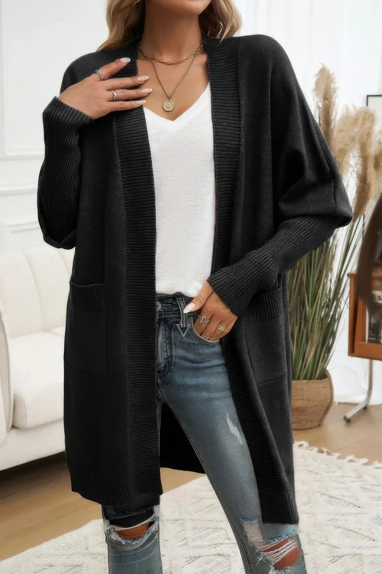 Knit Open Front Bishop Sleeves Pockets Cardigan | Mixtshop LLC