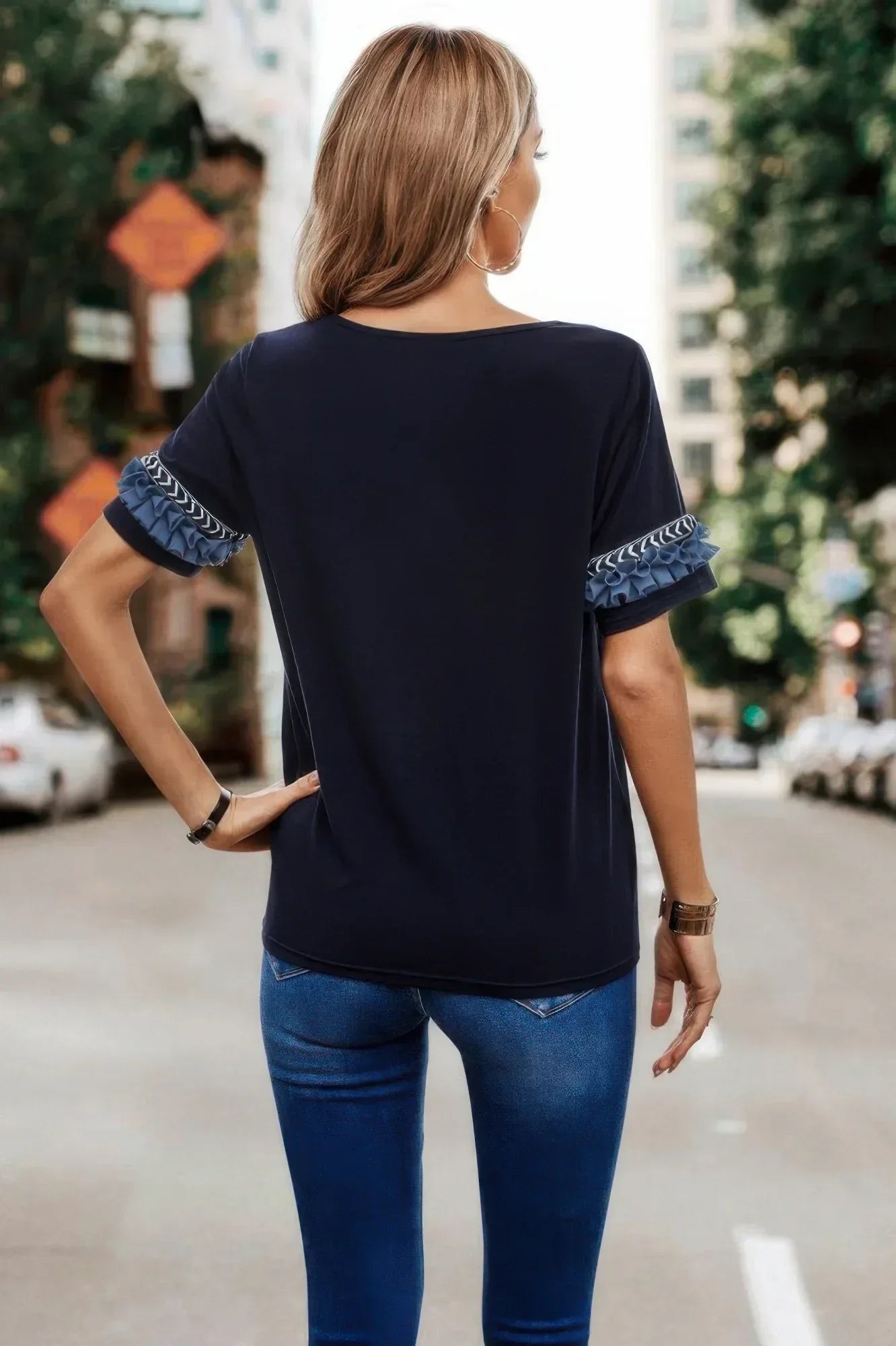 Round Neck Loose Fit Frill Trim Tee | Mixtshop LLC