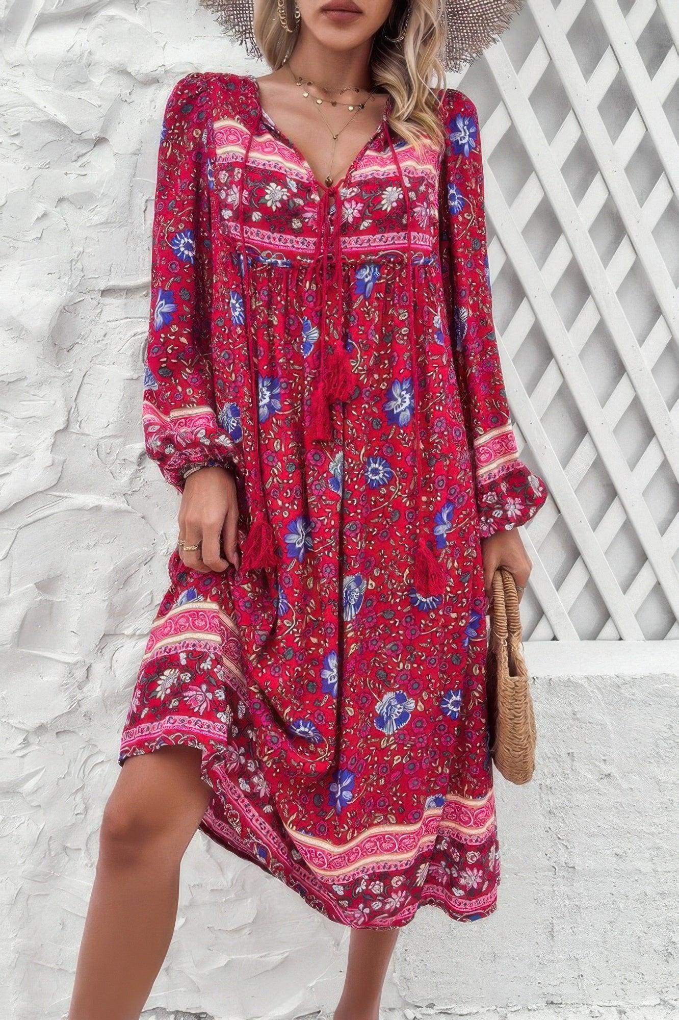 Cross Knot Floral Print Loose Fit V Neck Dress | Mixtshop LLC Main image