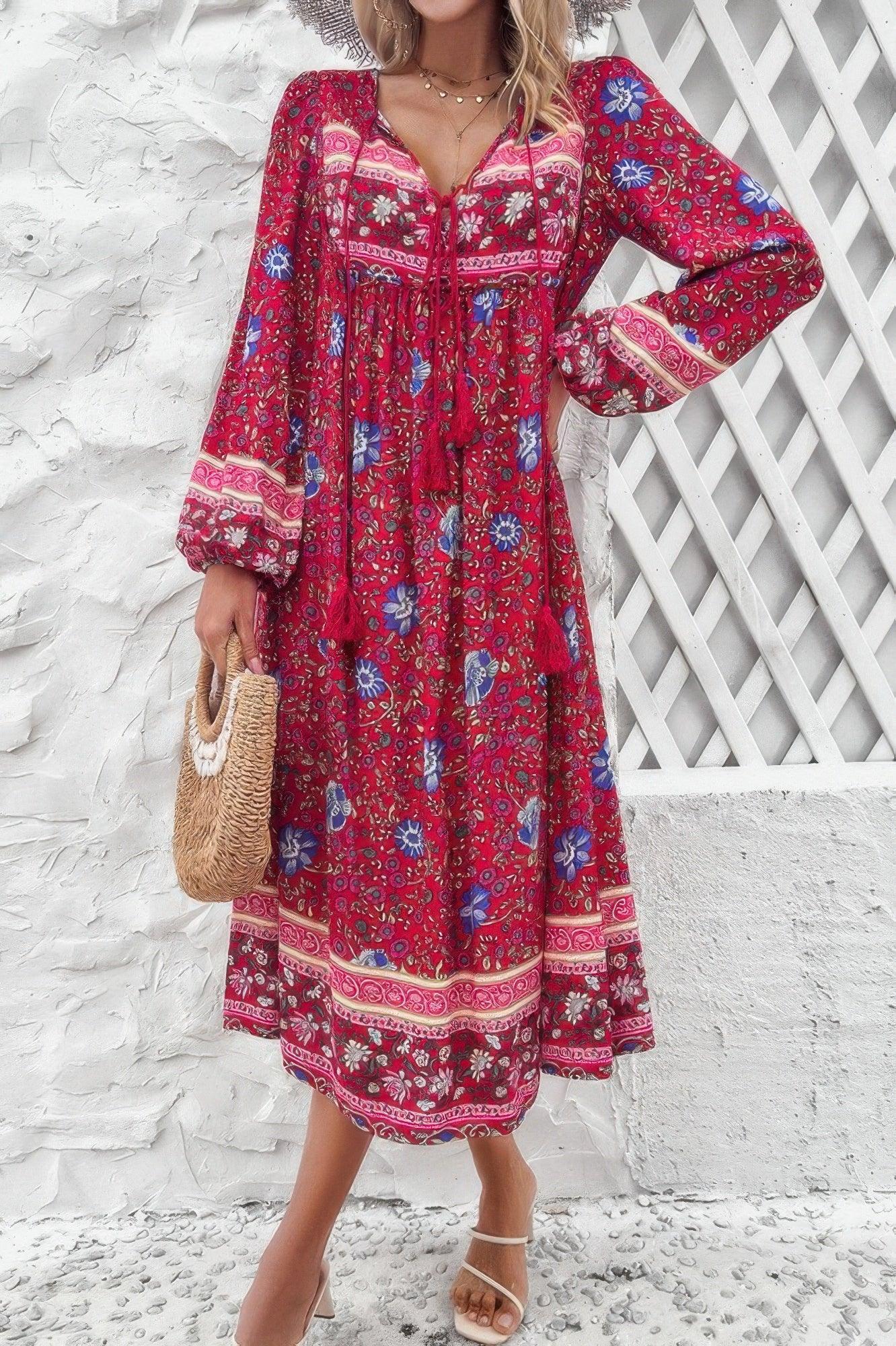 Cross Knot Floral Print Loose Fit V Neck Dress | Mixtshop LLC